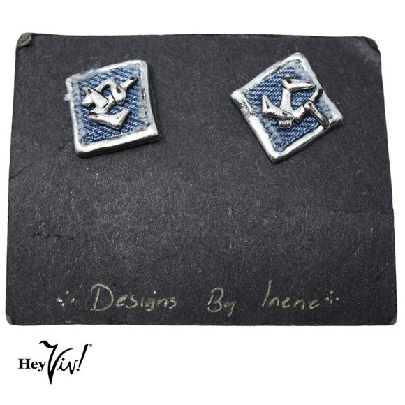 Vintage 90s Pierced Square Earrings Silver w Blue Fabric Original Card - Hey Viv - Picture 1 of 6